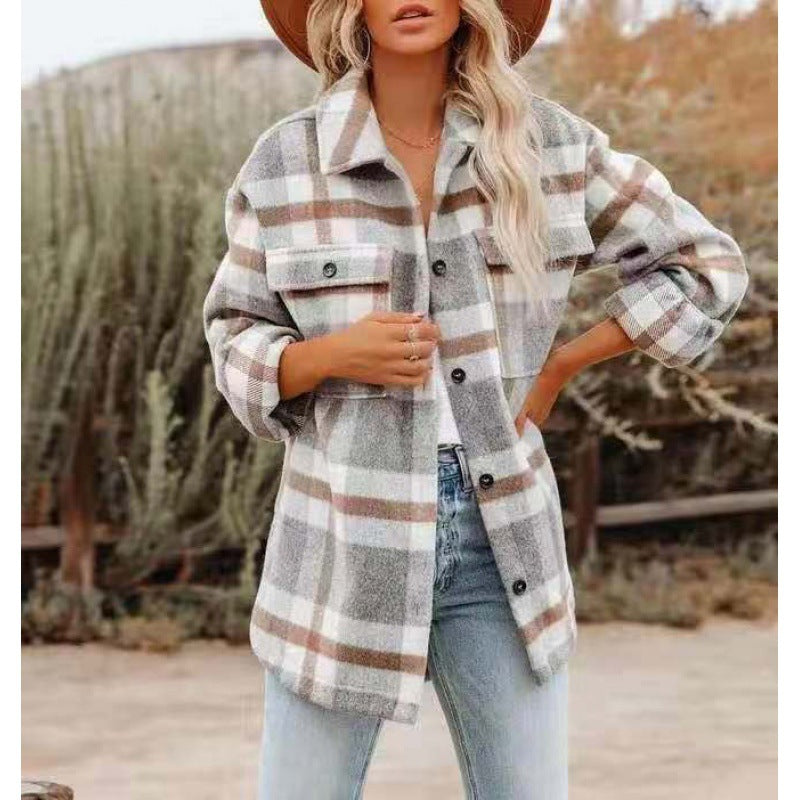 Damen Karobluse mit oversized Schnitt und Taschen EB