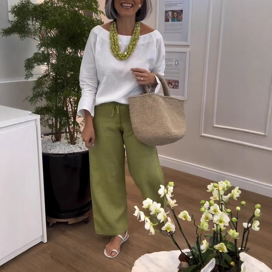 Damen nan weite Leinen-Culotte mit Tunnelzugbund und knöchellanger Silhouette EB