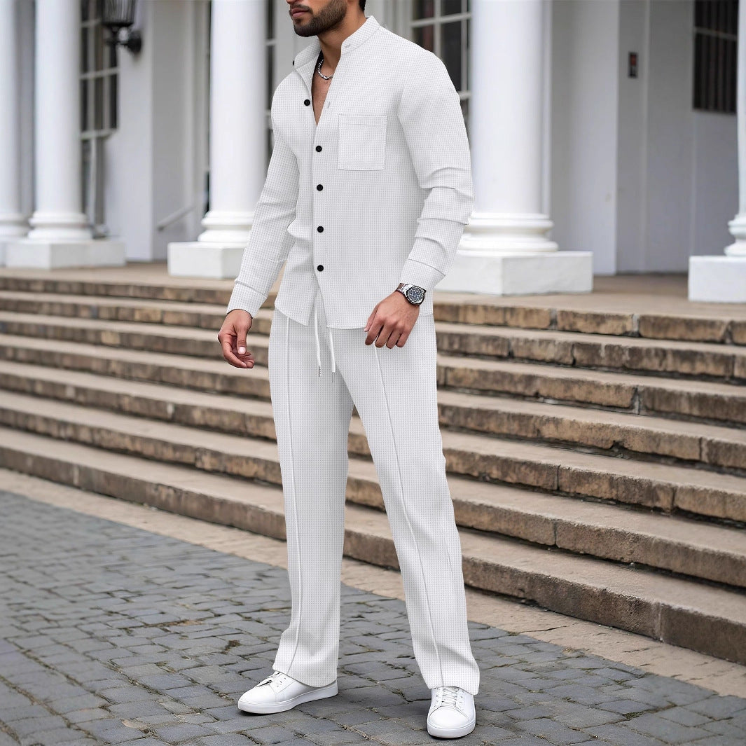 Herren nan lässiges Hemd-Hose Lounge-Set aus strukturiertem Baumwollmischgewebe EB