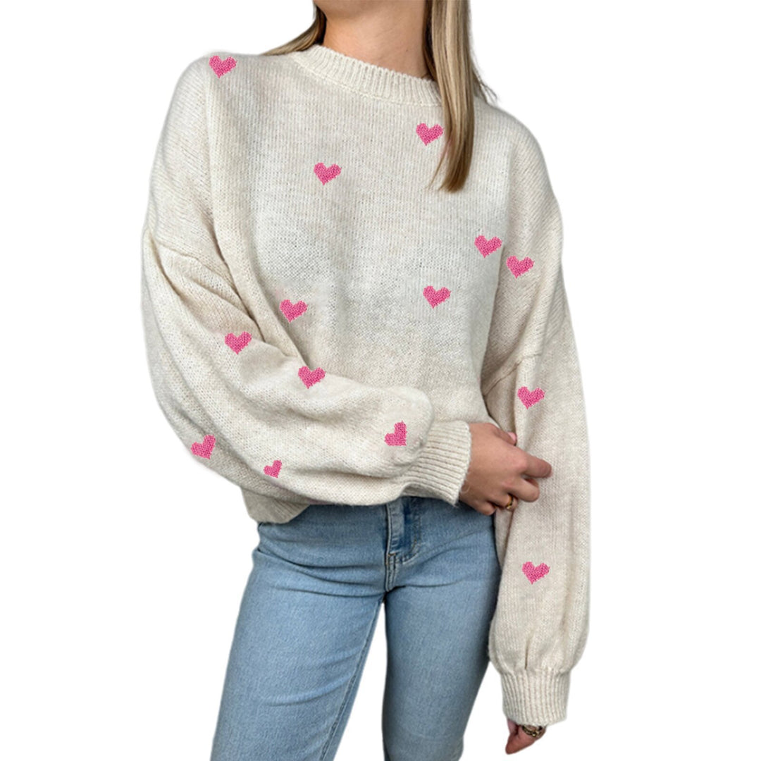 Damen nan oversized Strickpullover mit Herzintarsien und Ballonärmeln EB