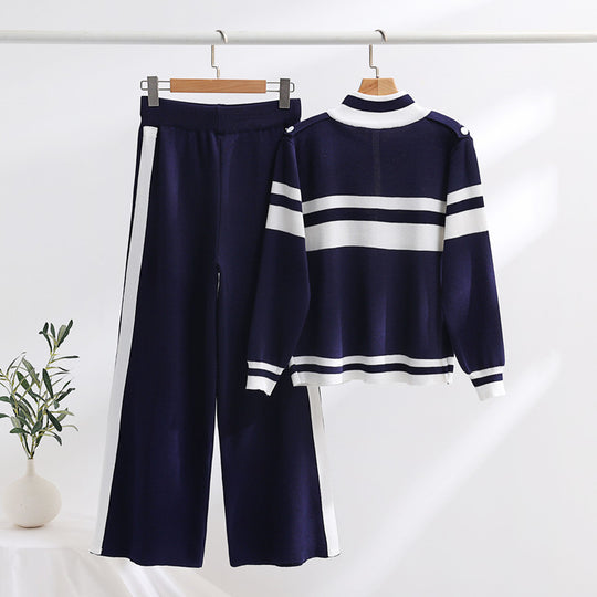 Damen sportliches Strick-Loungewear-Set mit geripptem Design und praktischen Taschen EB