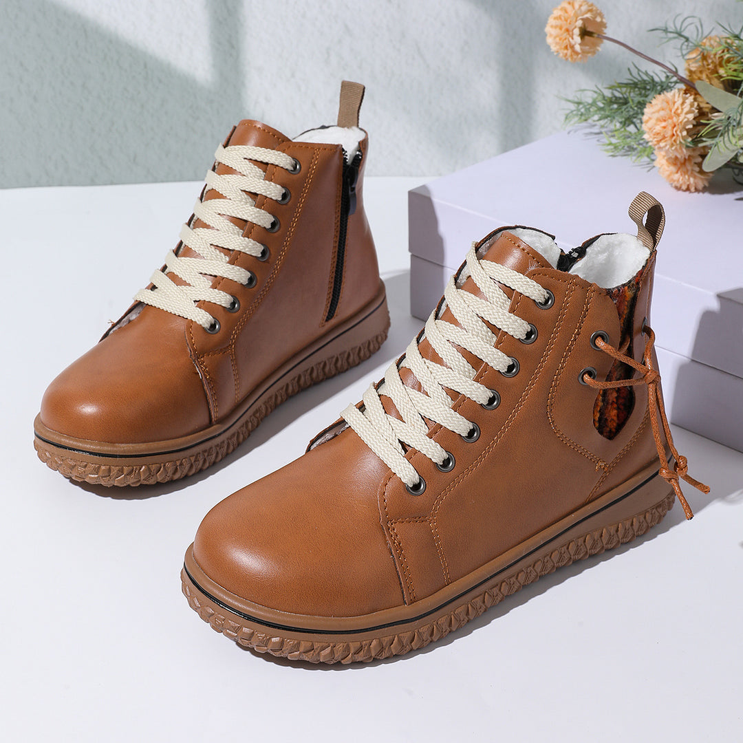 Damen gefütterte Schnürstiefelette mit Teddyfutter, seitlichem Reißverschluss und profilierter Gummisohle EB