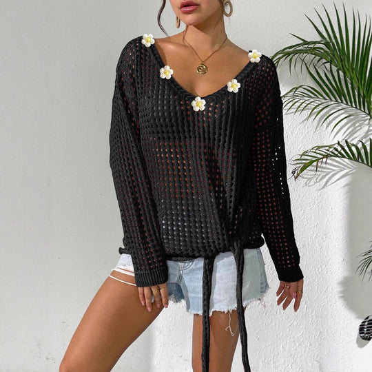 Damen luftiger Strickpullover mit floralem Dekor EB