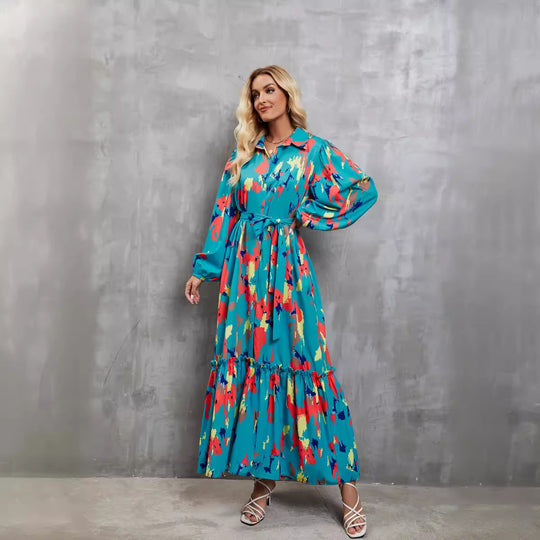 Damen Maxikleid mit voluminösen Ärmeln und schickem Bindegürtel EB