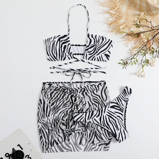 Damen Triangel-Bikini-Set mit transparentem Wickelrock und animalischem Muster EB