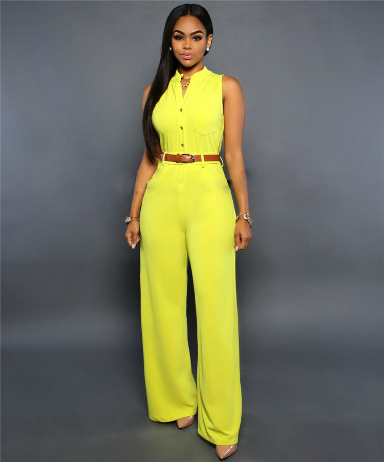 Damen Eleganter Jumpsuit mit Gürtel und Knopfdetail EB