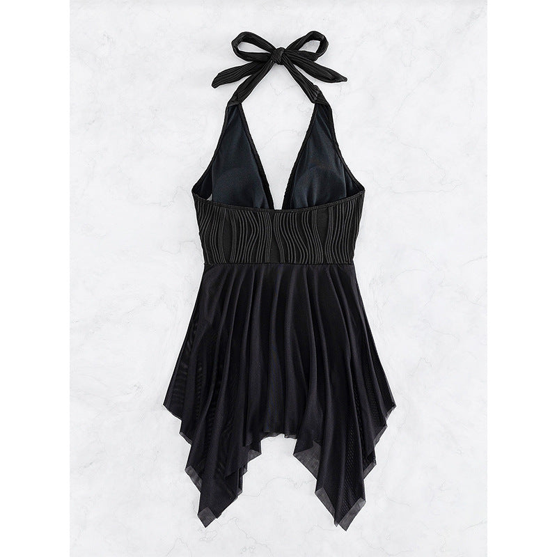 Damen Eleganter Wickel-Badeanzug mit tiefem V-Ausschnitt und Chiffonrock EB