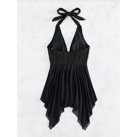 Damen Eleganter Wickel-Badeanzug mit tiefem V-Ausschnitt und Chiffonrock EB