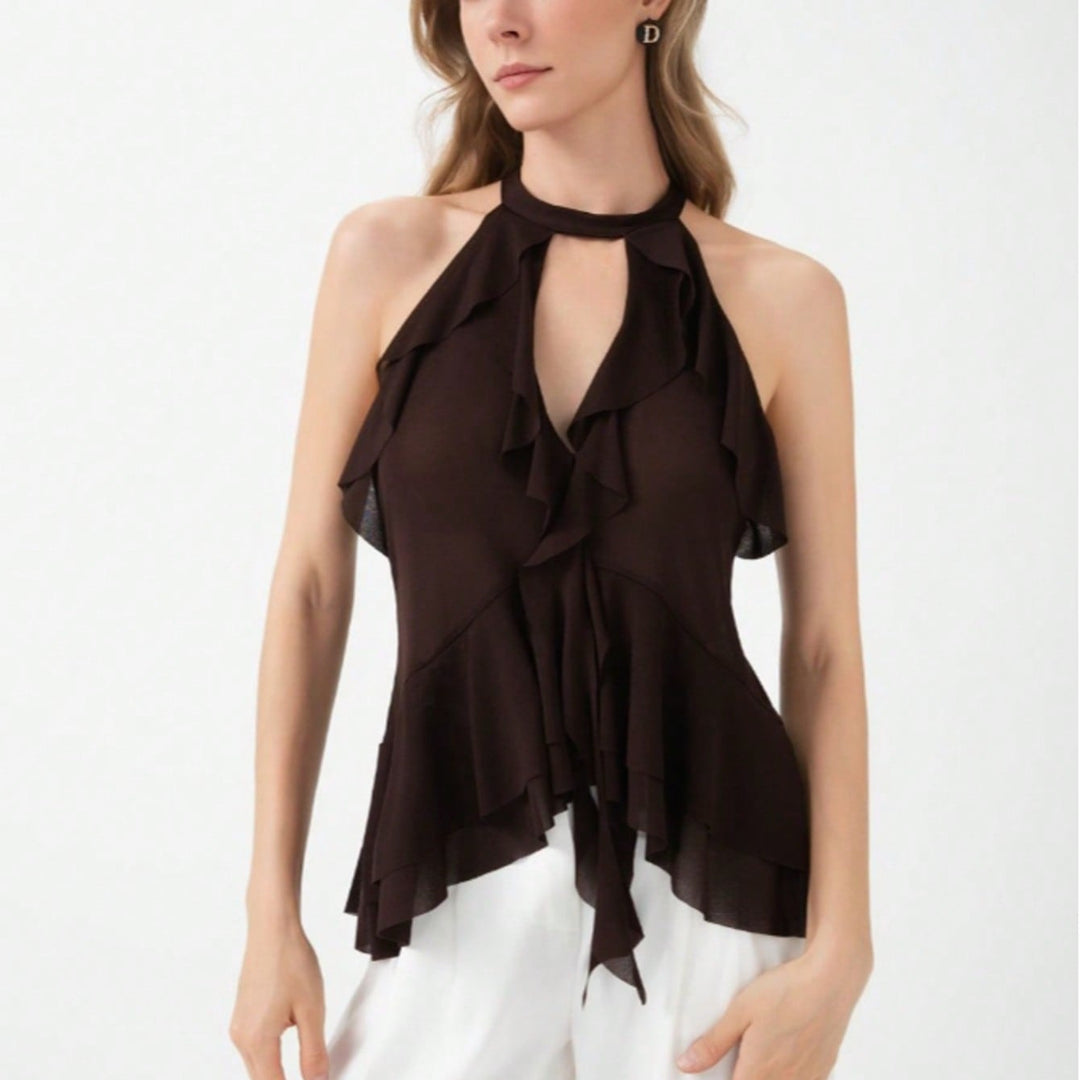 Damen elegantes Rüschenoberteil mit hochgeschlossenem Design EB