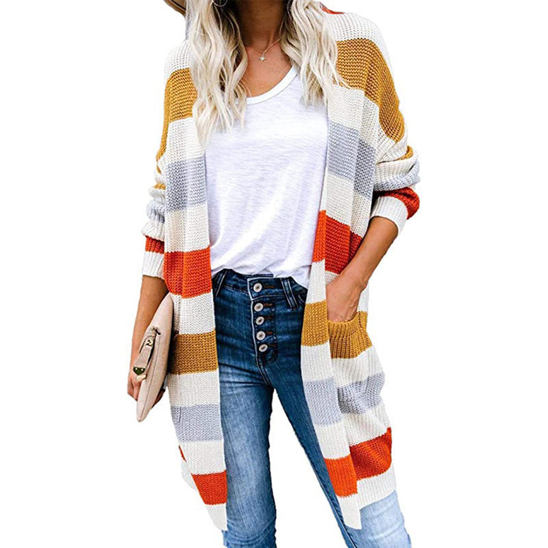 Damen lässige Strickjacke mit modischem Streifenmuster und praktischen Taschen EB