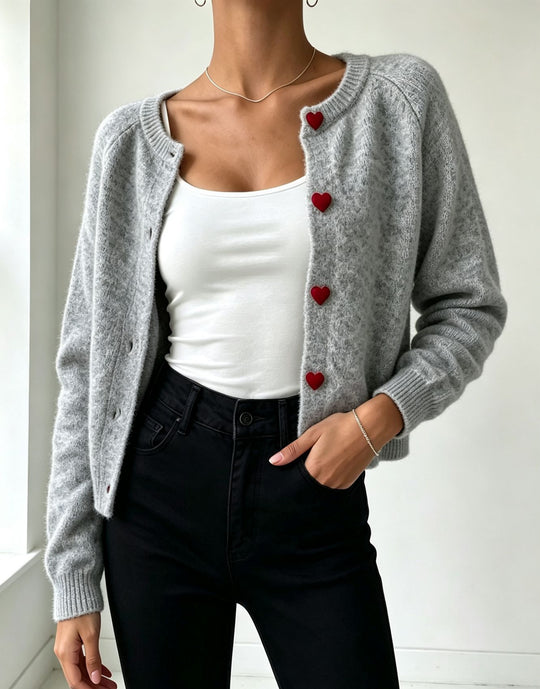 Damen Strickcardigan mit herzförmigen Zierknöpfen und weicher Mohair-Optik EB