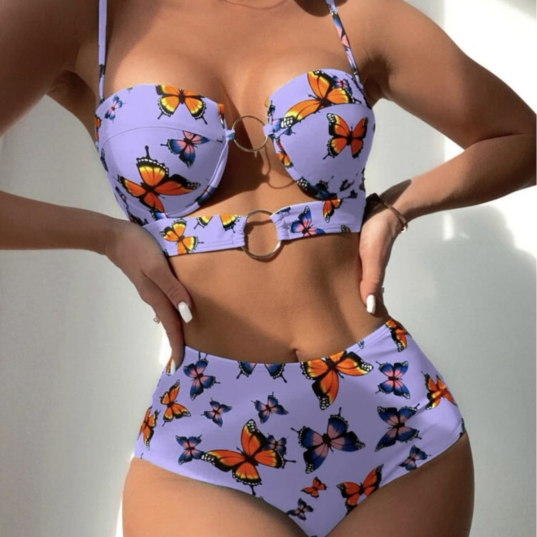 Damen Push-Up Bikini mit floralen Schmetterlingsmotiven EB