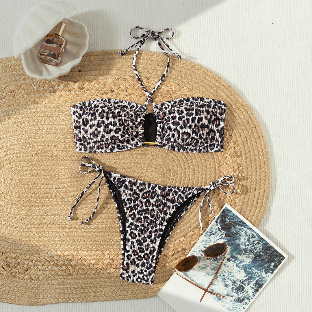 Damen Bandeau-Bikini mit stylischem Leo-Muster und verstellbaren Trägern EB