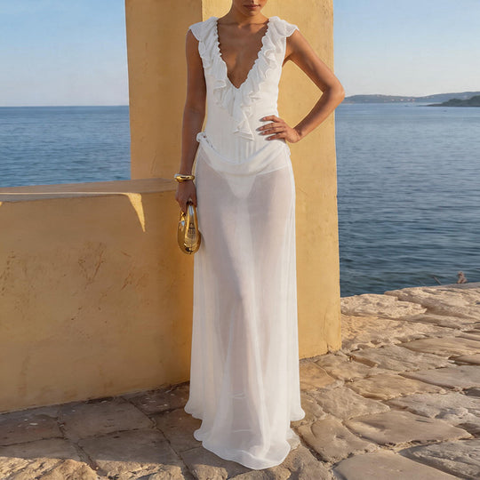 Damen Elegantes Strandkleid mit fransigen Details und tiefem V-Ausschnitt EB