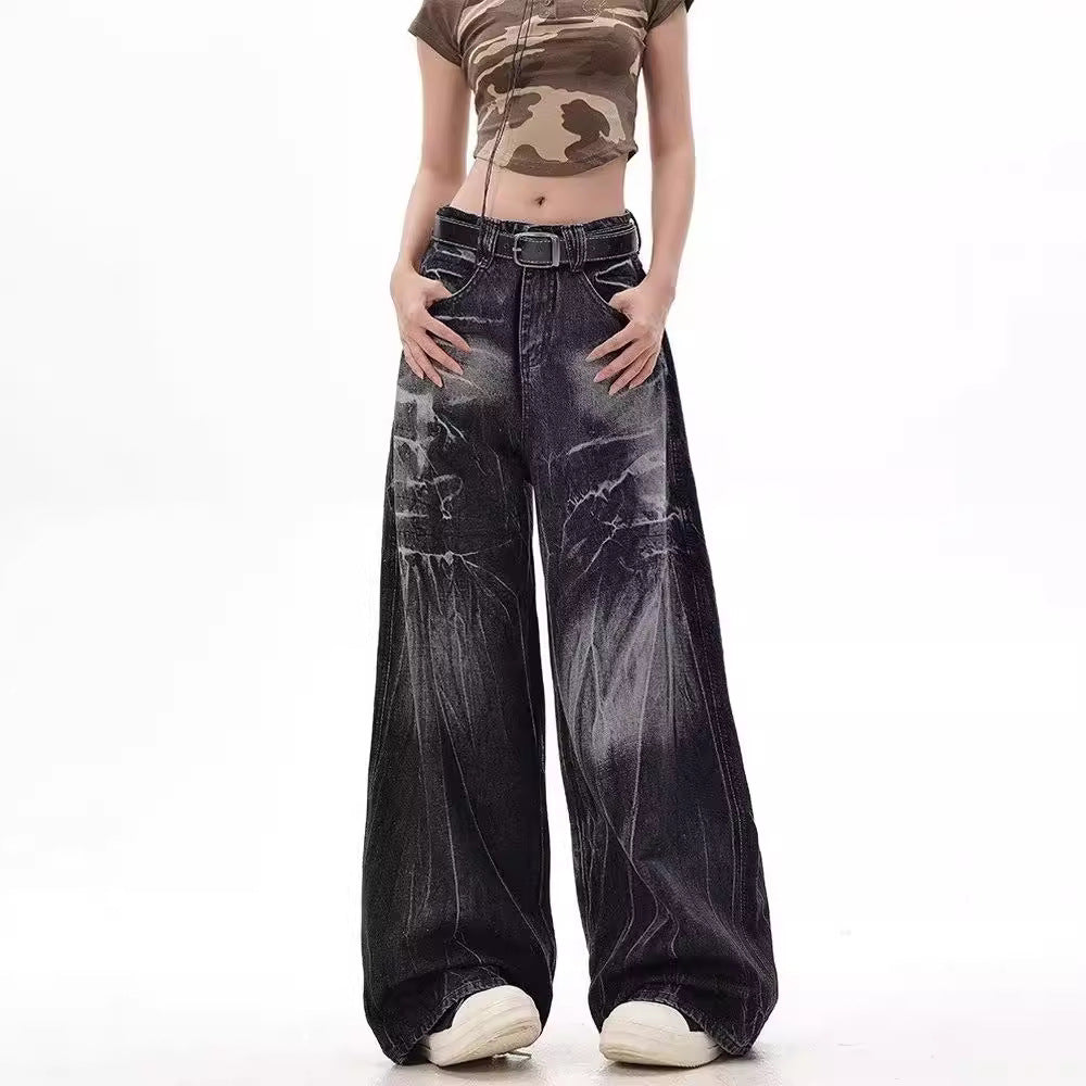 Damen Weite Jeanshose mit modischem Used-Look und hohem Bund EB