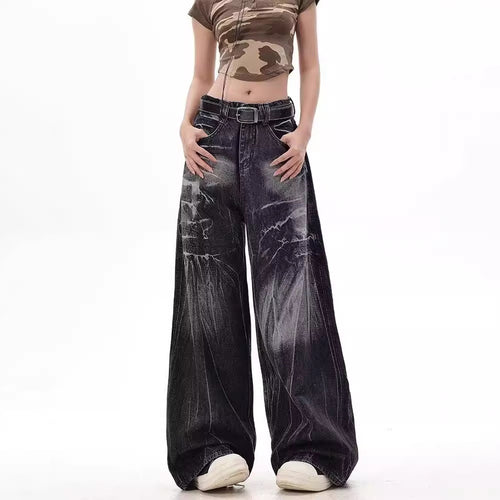 Damen Weite Jeanshose mit modischem Used-Look und hohem Bund EB