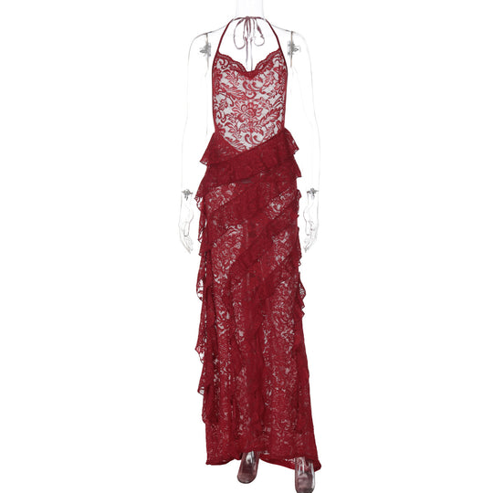 Damen Elegantes Abendkleid mit feiner Spitze und Rüschendetails EB