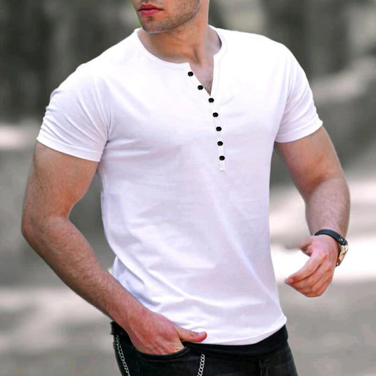Herren Kurzarm-Henley-T-Shirt mit Knopfleiste und weichem Baumwollmaterial EB