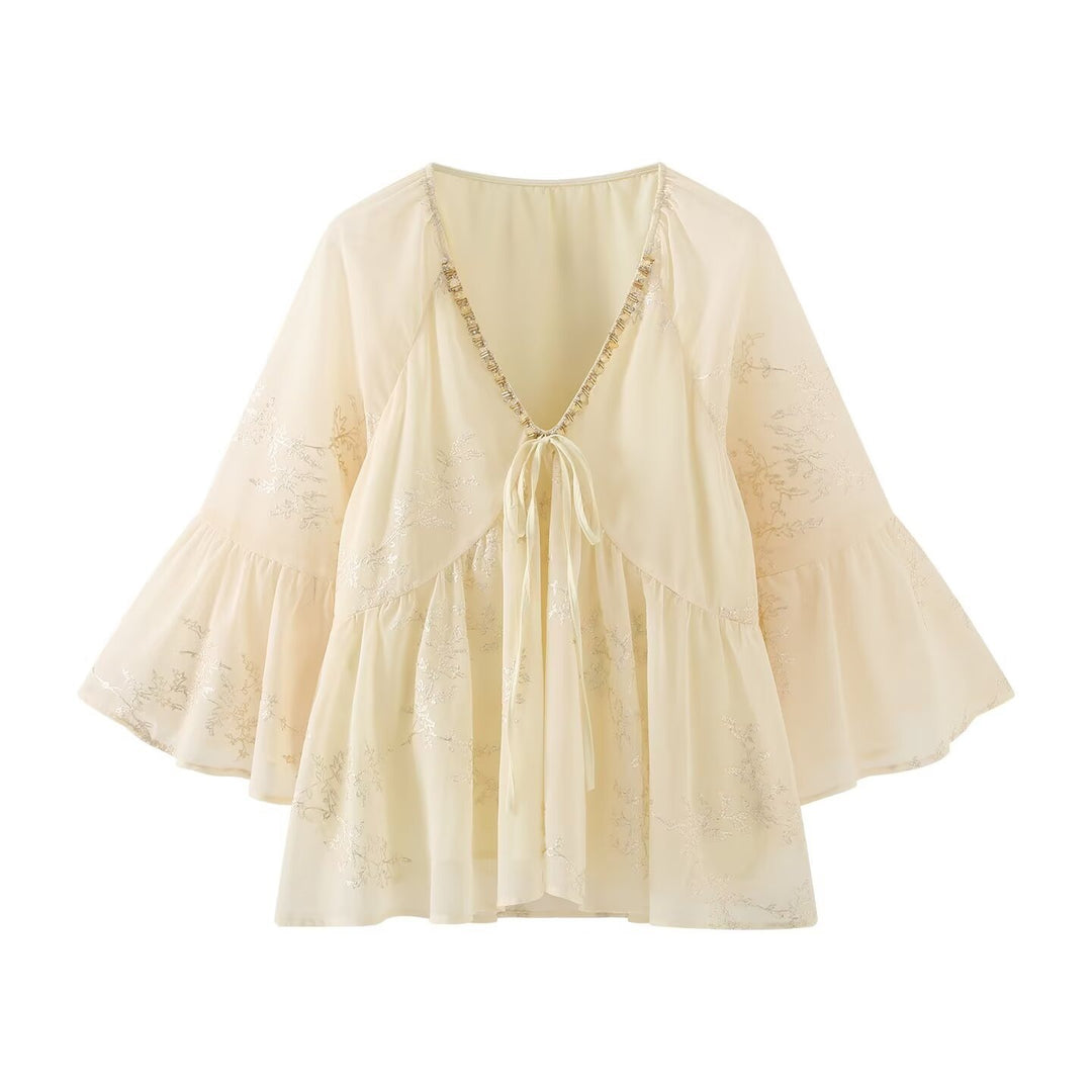 Damen leichtes Blusenshirt mit fließendem Schnitt und eleganten Bindebanddetails EB