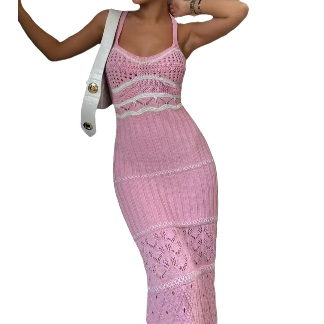 Damen Strick-Maxikleid mit raffinierten Häkelmustern und seitlichem Schlitz EB