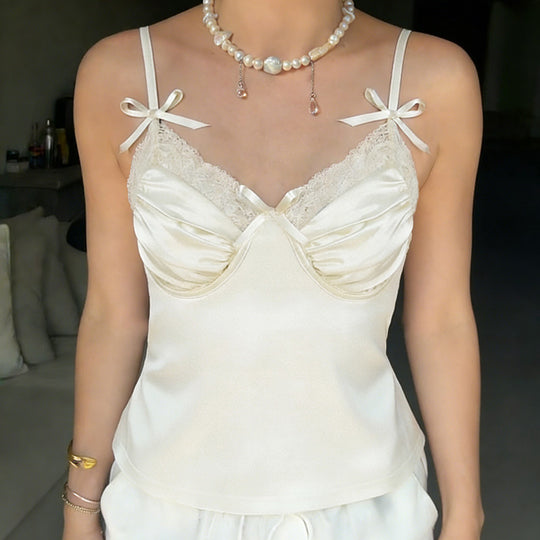 Damen Satin-Camisole mit Spitze und verspielten Schleifen EB