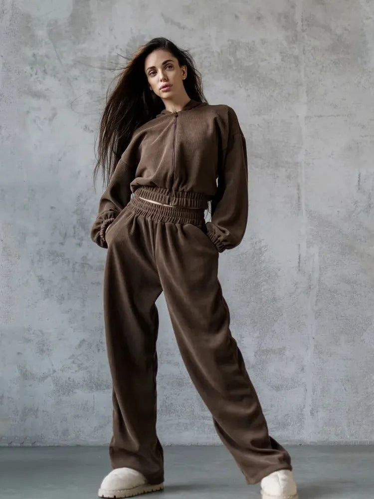 Damen Velours-Loungewear-Set mit kurzem Reißverschluss-Hoodie und weiter hochgeschnittener Palazzohose EB