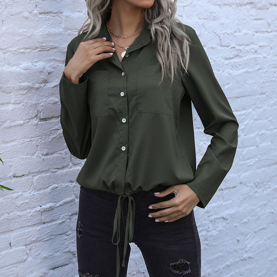 Damen elegante Bluse mit Knopfverschluss und taillierbarem Saum EB