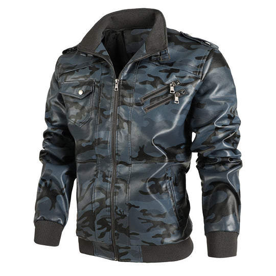 Herren Camouflage Kunstleder Biker-Blouson mit Schulterklappen, Reißverschluss‑Detail und Rippbündchen EB