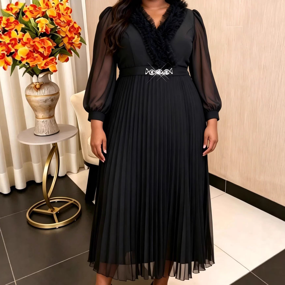 Damen Elegantes plissiertes Midi-Kleid mit Rüschendetails EB