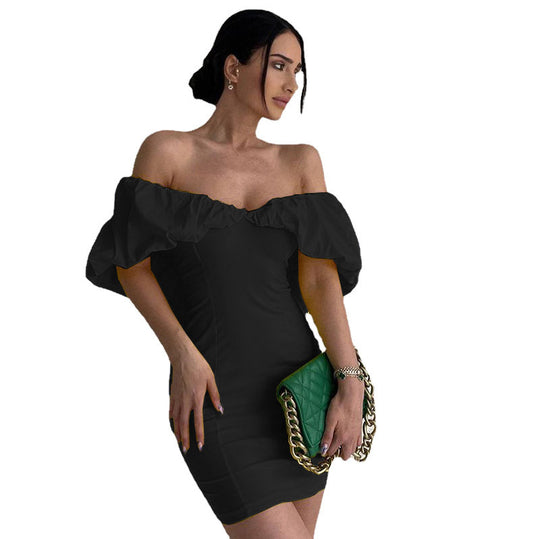 Damen Kurzarm Minikleid mit schulterfreiem Design und Rüschensaum EB