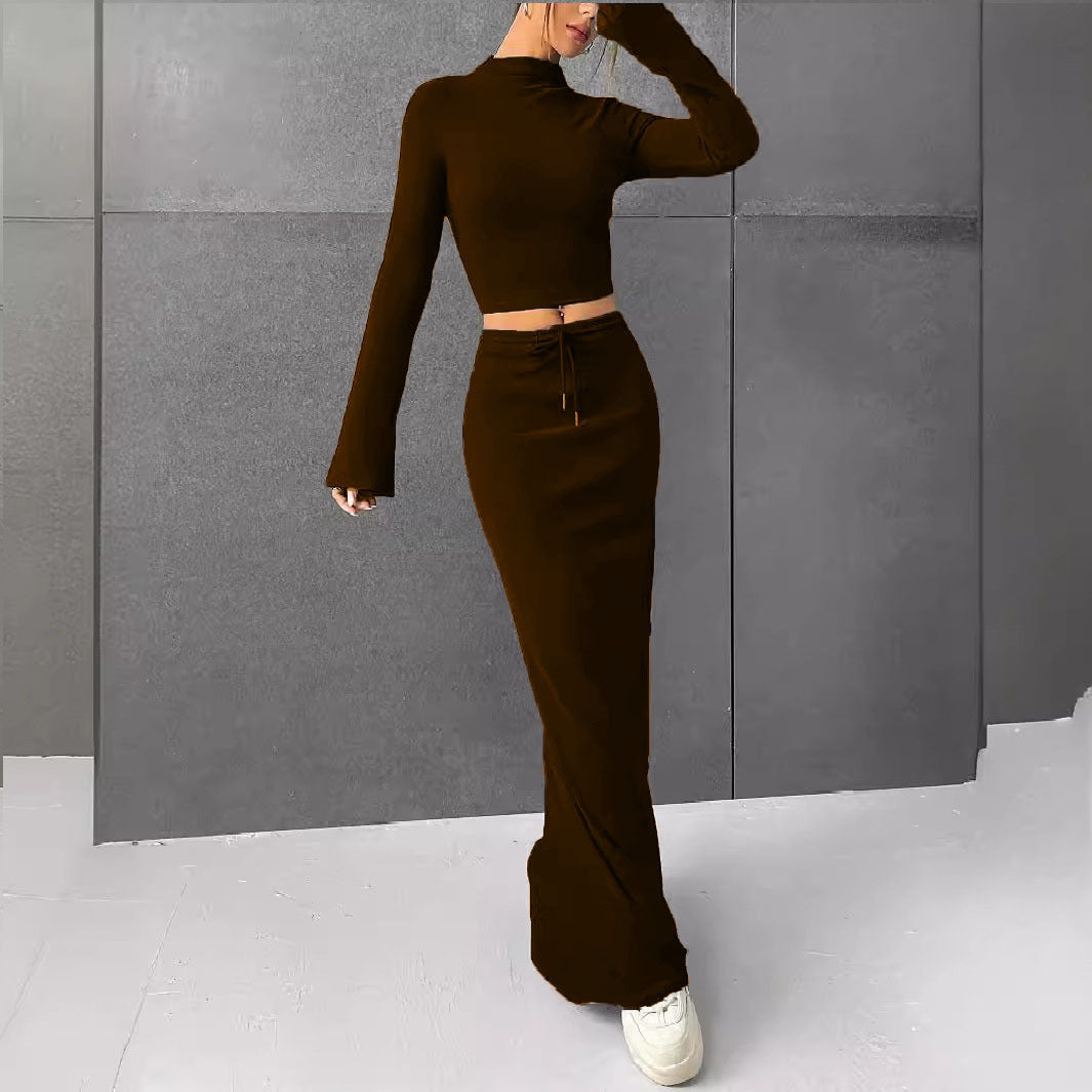 Damen Elegantes und komfortables Crop-Top mit langem Ärmel und Maxi-Rock EB