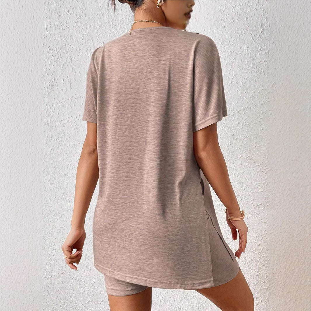 Damen Freizeit-Loungewear-Set mit weichem Kurzarmoberteil und passendem Radlerhosen EB