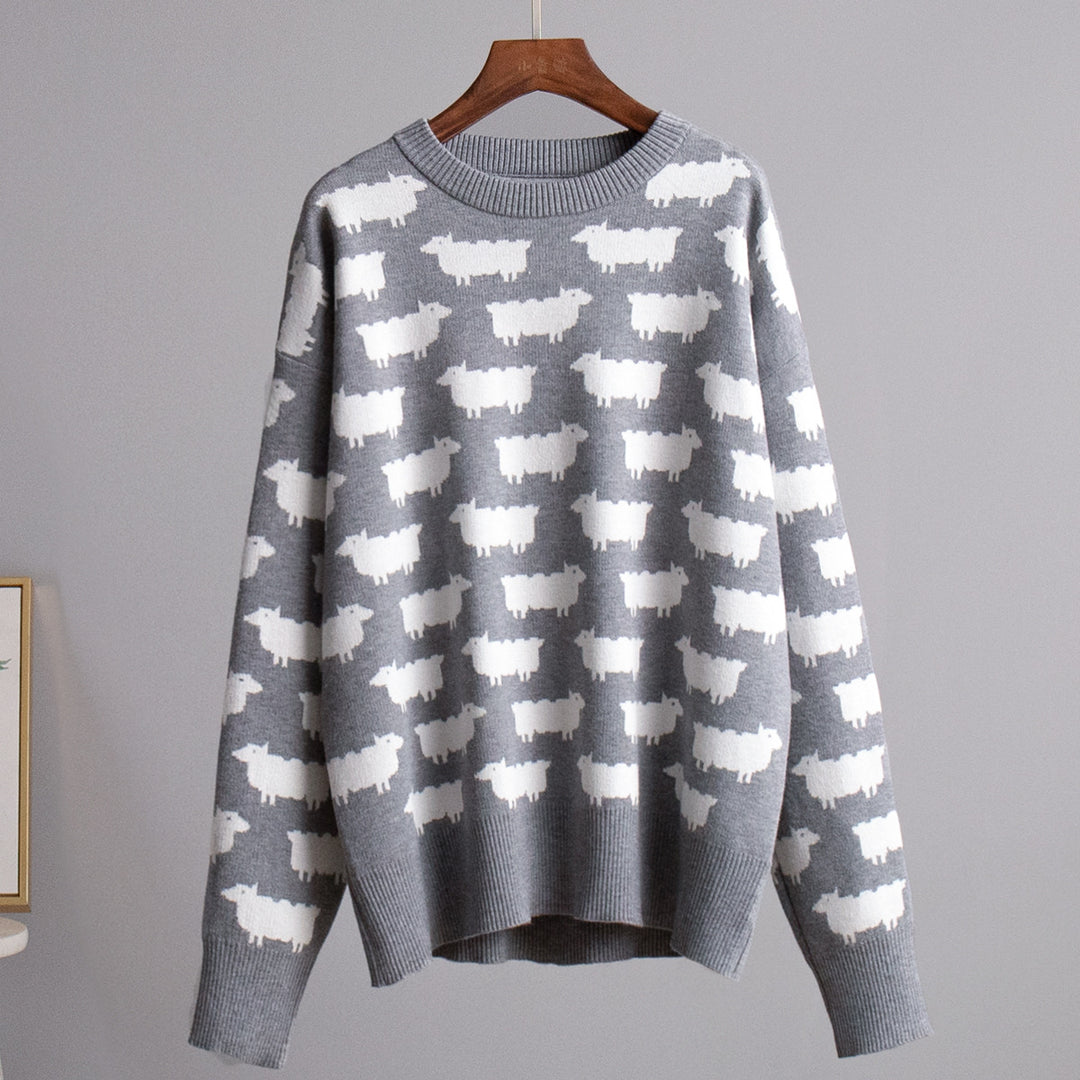 Damen Gemusterter Strickpullover mit Schafmotiven EB