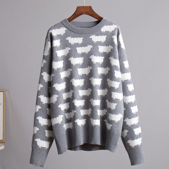 Damen Gemusterter Strickpullover mit Schafmotiven EB