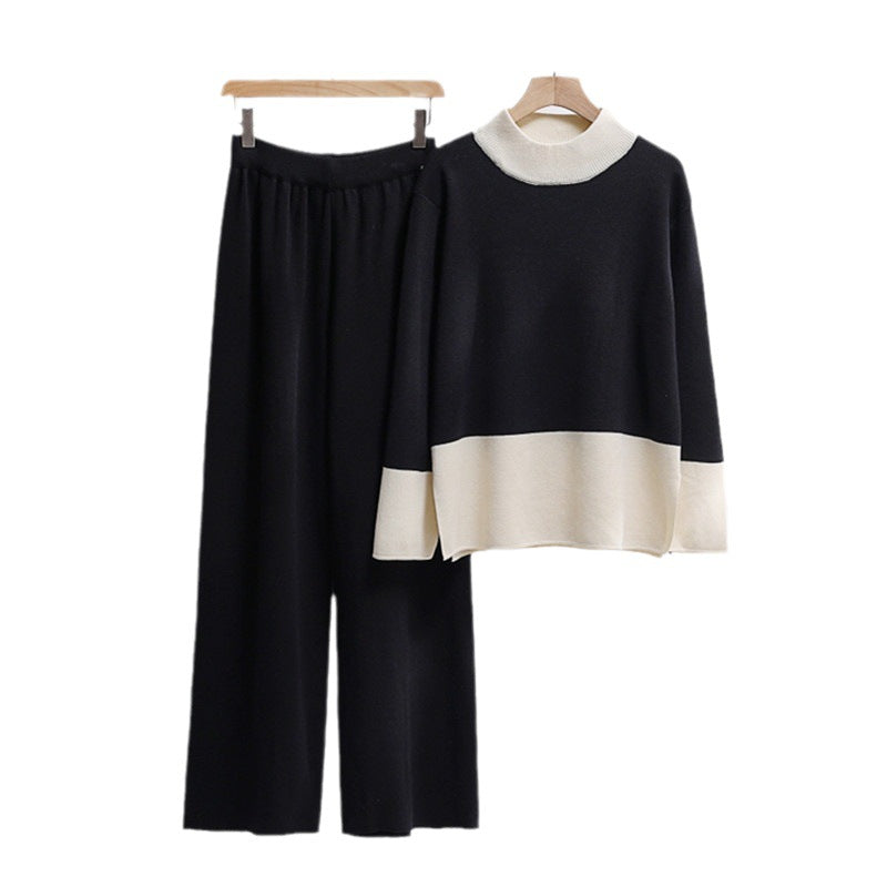 Damen elegantes Strick-Loungewear-Set mit weitem Bund und dekorativem Kragen EB