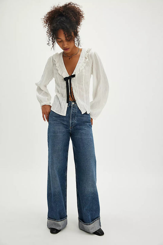Damen Weit geschnittene High-Waist Jeans mit modischem Saum EB