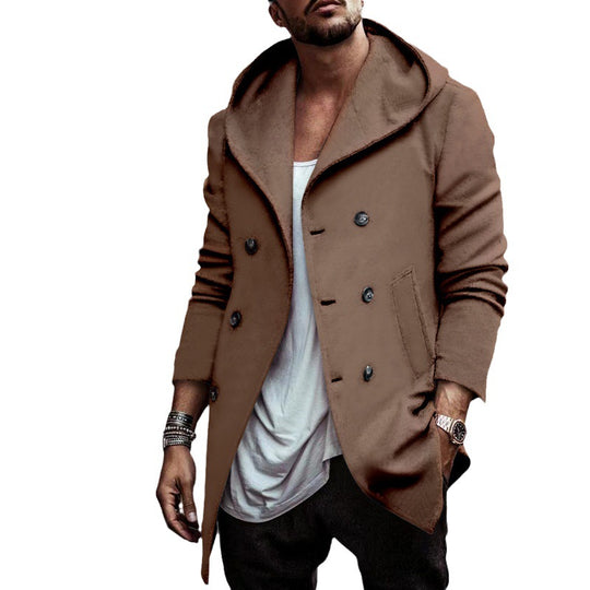 Herren stylischer Hoodie-Mantel mit doppelter Knopfreihe und weitem Kragen EB