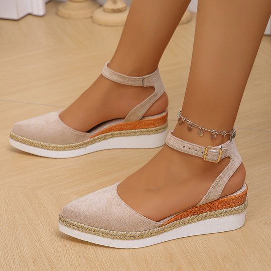 Damen nan geschlossene Velours-Espadrille mit Keilplattform, verstellbarem Knöchelriemen und geflochtenem Bastrand EB