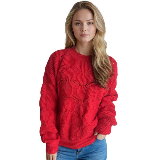Damen Grobstrickpullover mit romantischem Zopfmuster und weit geschnittenen Ärmeln EB