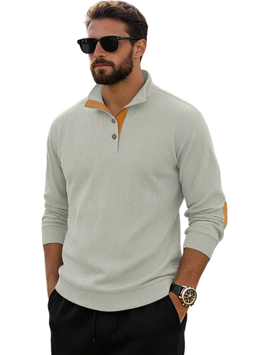 Herren nan fein gerippter Strickpullover mit Polokragen Knopfleiste und Ellenbogenbesatz EB
