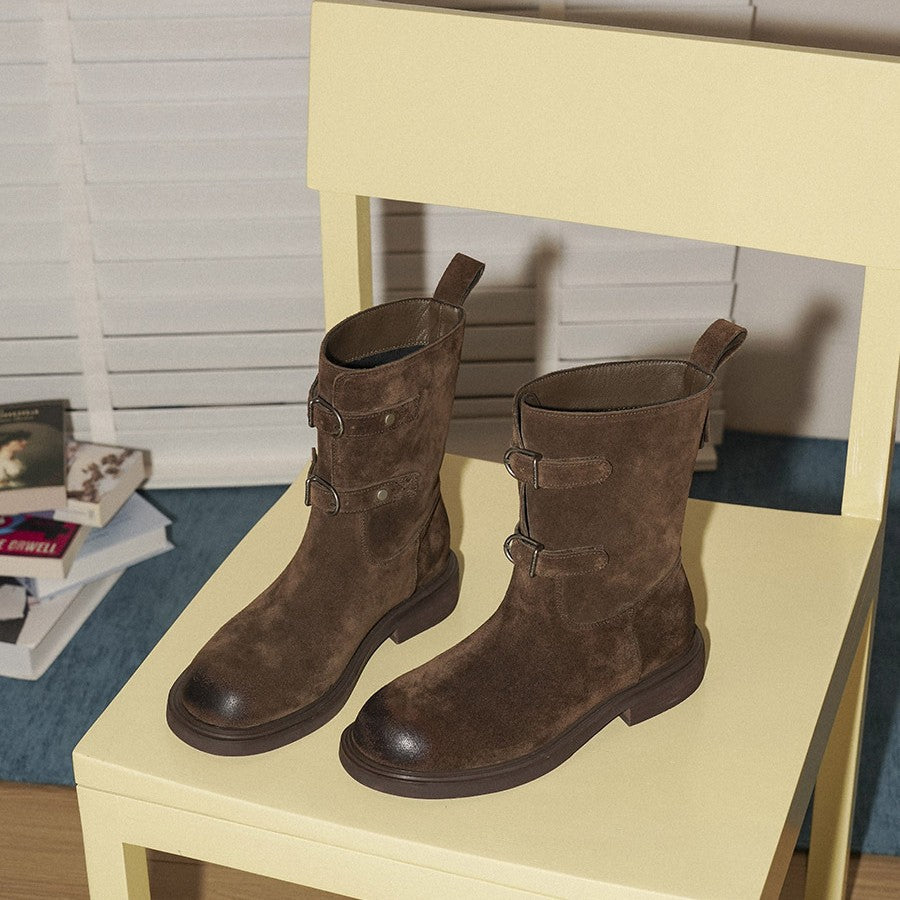 Damen Ankle Boots aus hochwertigem Wildleder mit dekorativem Riemenverschluss EB