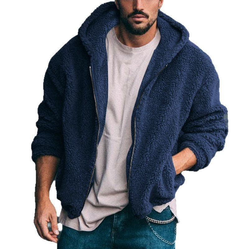 Herren nan Oversized Teddy-Fleece-Kapuzenjacke mit Utility-Ärmeltasche, Frontreißverschluss und elastischem Saum EB