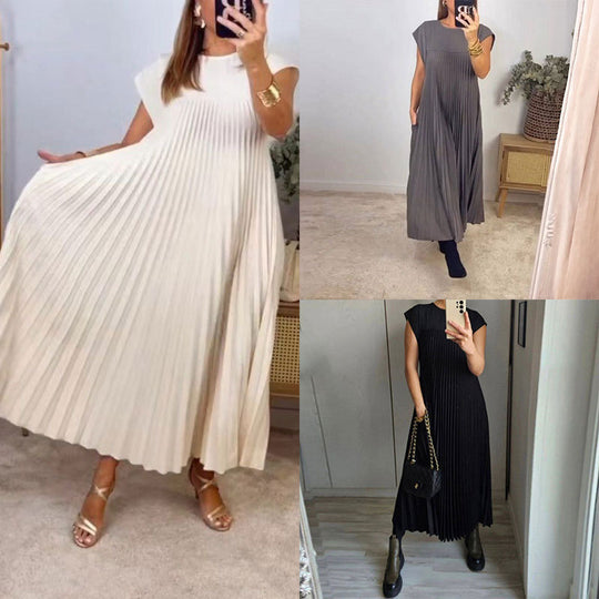 Damen Plissee Maxikleid mit praktischem Taschen und elegantem Schnitt EB