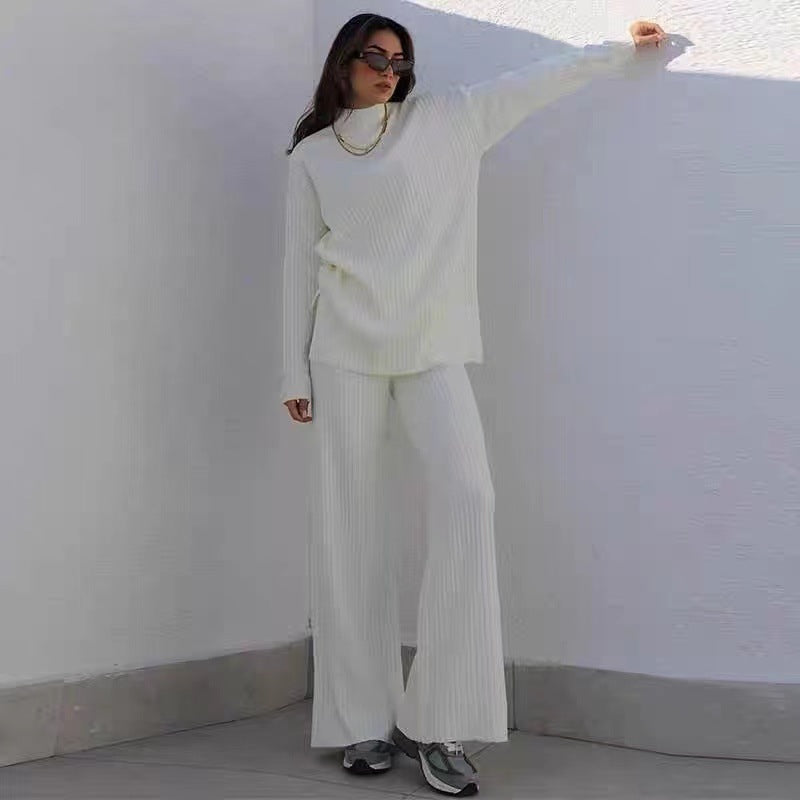 Damen Strick-Loungewear-Set mit hohem Kragen und weitem Bein EB