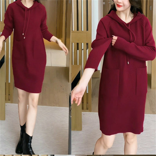 Damen Strickkleid mit Kapuze und praktischen Taschen EB