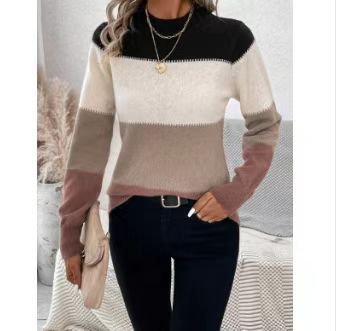 Damen Rundhals Strickpullover mit modernen Farbkombinationen EB