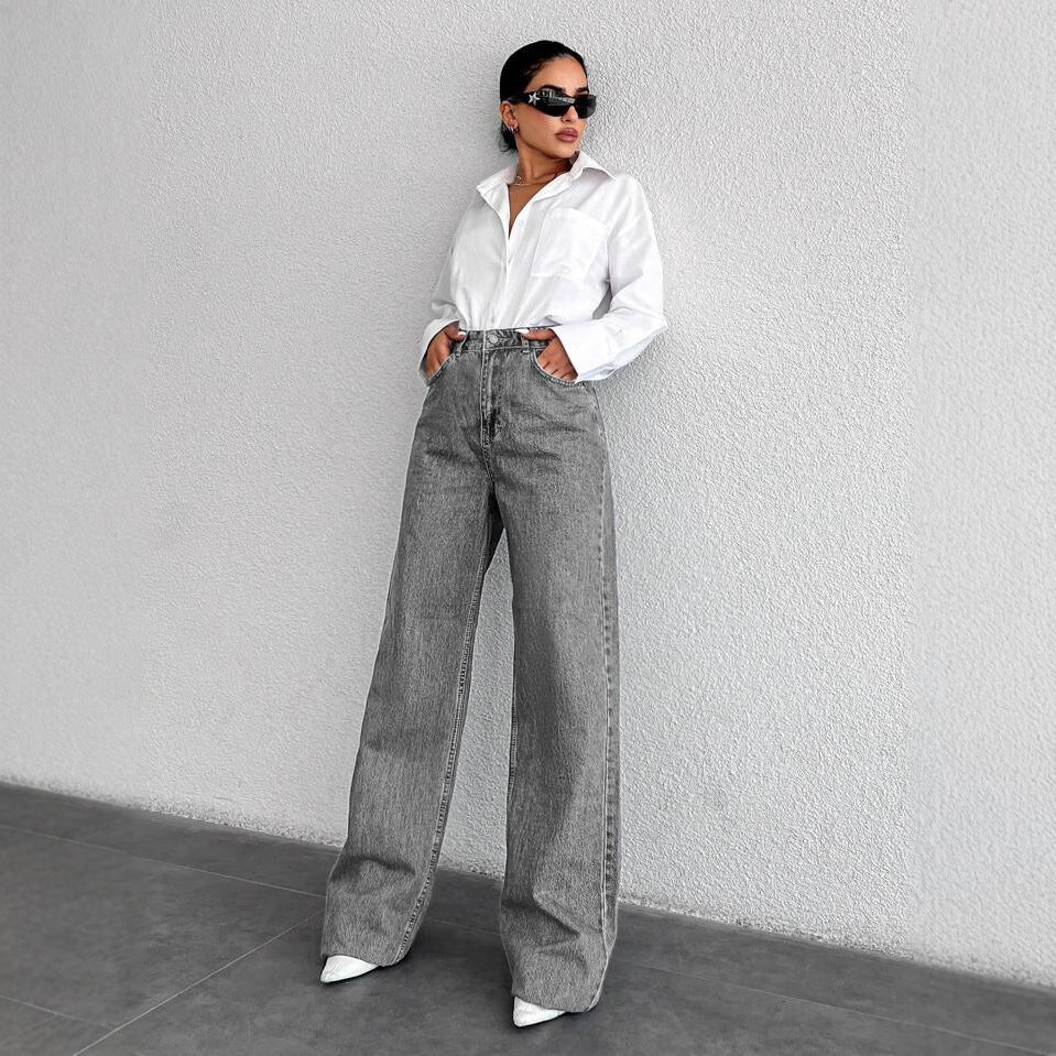 Damen Weite High-Waist Jeans im klassischen Schnitt mit dekorativen Nähten EB