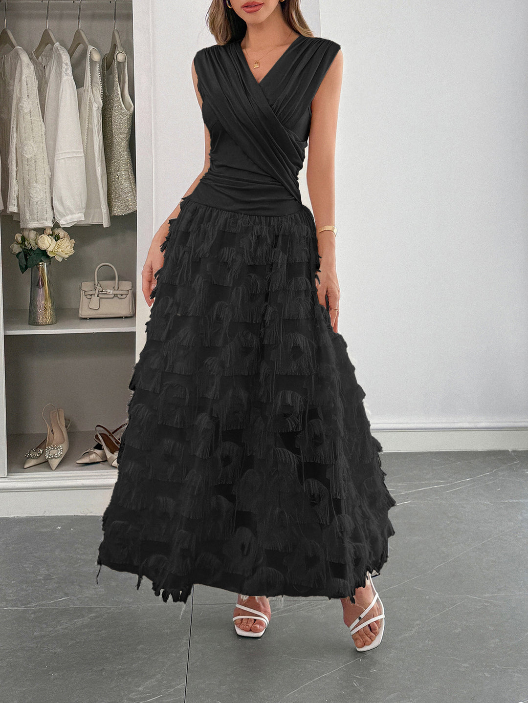 Damen Maxi-Faltenkleid mit Fransen EB