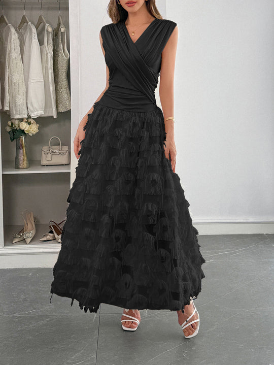 Damen Maxi-Faltenkleid mit Fransen EB