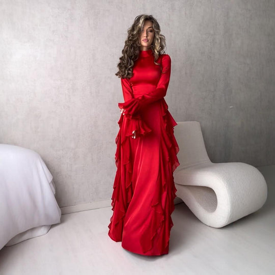 Damen Maxikleid im eleganten Rüschendesign mit Langarm EB